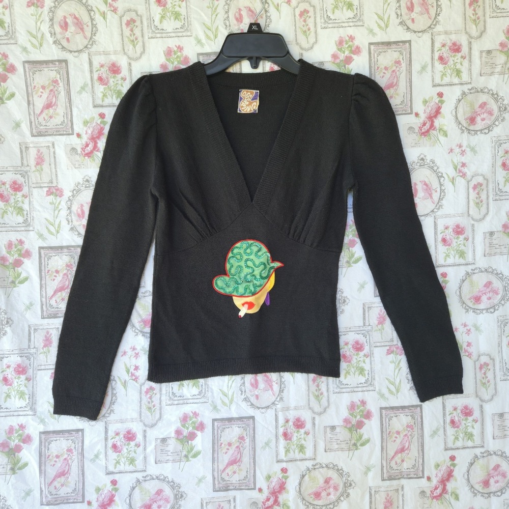 Vtg 70s Offspring Knit Sweater Deep V Neck Face Patch Smoking Top Women Small